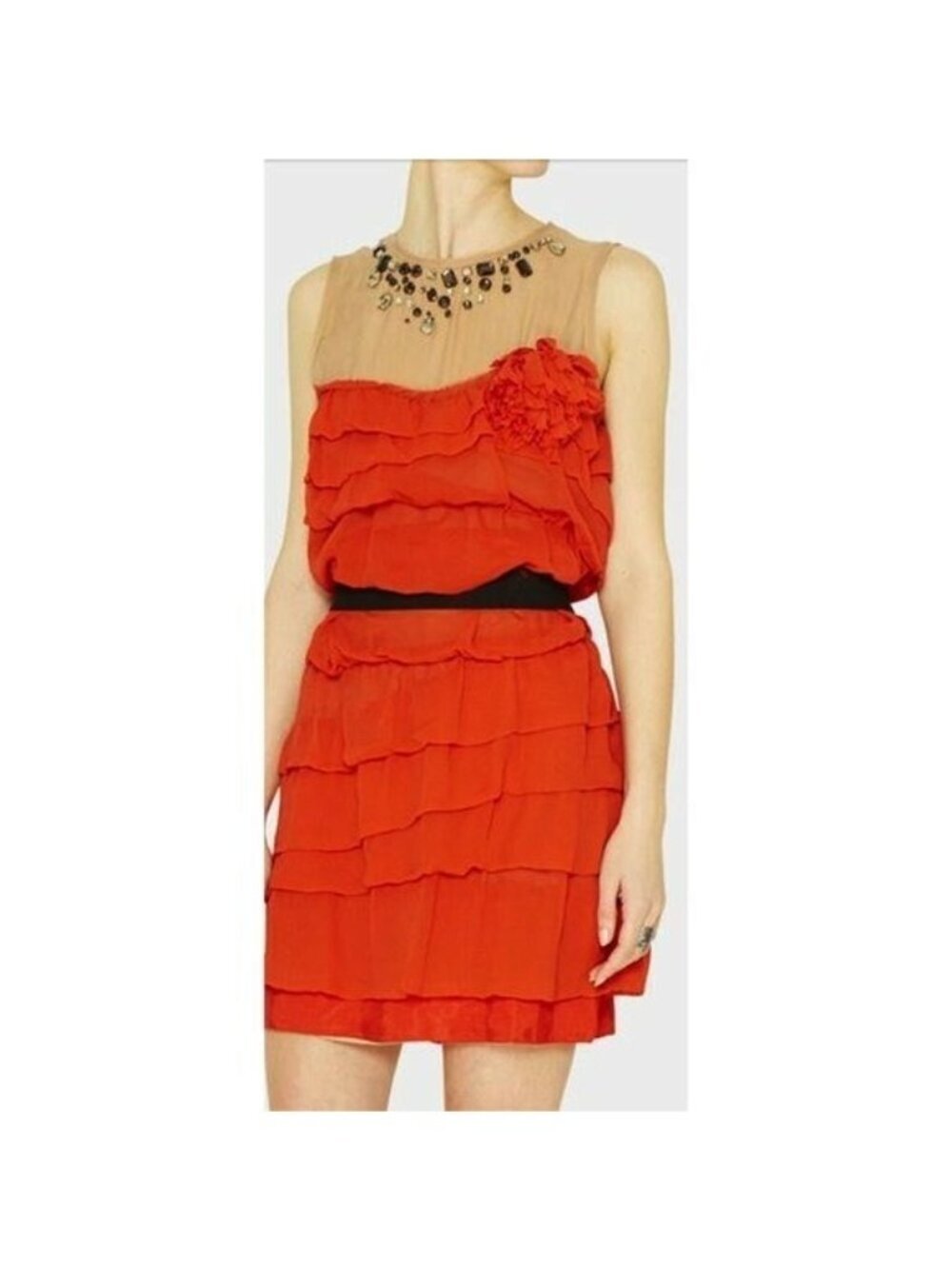 NWT Lanvin X H&M RARE Tiered Silk Illusion Neckline Gem Stud Orange Mini Dress 8